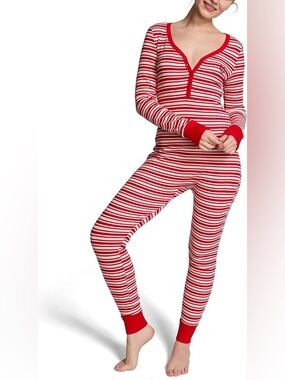 PINK Victoria's Secret Red & White Striped Henley One-Piece Pajama